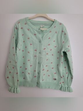 🧸2/20$ Vintage Mint Green 4T Floral Button Cardigan Ruffle Sleeves Girl